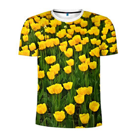 Мужская футболка 3D спортивная с принтом Жёлтые тюльпаны в Петрозаводске, 100% полиэстер с улучшенными характеристиками | приталенный силуэт, круглая горловина, широкие плечи, сужается к линии бедра | поле | цветы | яркий