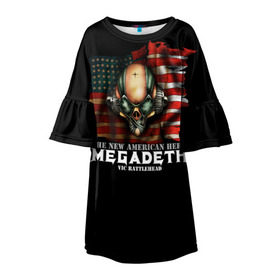 Детское платье 3D с принтом Megadeth #3 в Петрозаводске, 100% полиэстер | прямой силуэт, чуть расширенный к низу. Круглая горловина, на рукавах — воланы | Тематика изображения на принте: dave | megadeth | metal | mustaine | rattlehead | rock | thrash | vic | дейв | мастейн | мегадез | мегадет | мегедес | метал | рок | треш