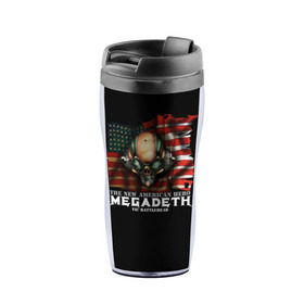 Термокружка-непроливайка с принтом Megadeth #3 в Петрозаводске, внутренняя часть — пищевой пластик, наружная часть — прозрачный пластик, между ними — полиграфическая вставка с рисунком | объем — 350 мл, герметичная крышка | dave | megadeth | metal | mustaine | rattlehead | rock | thrash | vic | дейв | мастейн | мегадез | мегадет | мегедес | метал | рок | треш