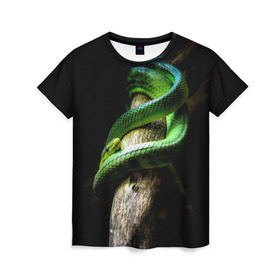 Женская футболка 3D с принтом Змея на груди в Петрозаводске, 100% полиэфир ( синтетическое хлопкоподобное полотно) | прямой крой, круглый вырез горловины, длина до линии бедер | гадюка | дерево | джунгли | зелёный змей | змея | кобра | природа | удав