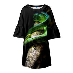 Детское платье 3D с принтом Змея на груди в Петрозаводске, 100% полиэстер | прямой силуэт, чуть расширенный к низу. Круглая горловина, на рукавах — воланы | гадюка | дерево | джунгли | зелёный змей | змея | кобра | природа | удав