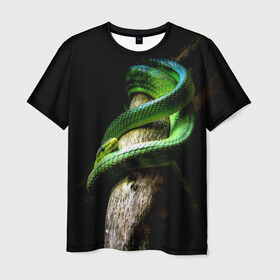 Мужская футболка 3D с принтом Змея на груди в Петрозаводске, 100% полиэфир | прямой крой, круглый вырез горловины, длина до линии бедер | гадюка | дерево | джунгли | зелёный змей | змея | кобра | природа | удав