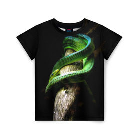 Детская футболка 3D с принтом Змея на груди в Петрозаводске, 100% гипоаллергенный полиэфир | прямой крой, круглый вырез горловины, длина до линии бедер, чуть спущенное плечо, ткань немного тянется | гадюка | дерево | джунгли | зелёный змей | змея | кобра | природа | удав