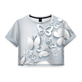 Женская футболка 3D укороченная с принтом Белоснежные бабочки в Петрозаводске, 100% полиэстер | круглая горловина, длина футболки до линии талии, рукава с отворотами | бабочка | девушка | кружево. красота | нежность | полёт