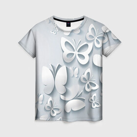 Женская футболка 3D с принтом Белоснежные бабочки в Петрозаводске, 100% полиэфир ( синтетическое хлопкоподобное полотно) | прямой крой, круглый вырез горловины, длина до линии бедер | бабочка | девушка | кружево. красота | нежность | полёт
