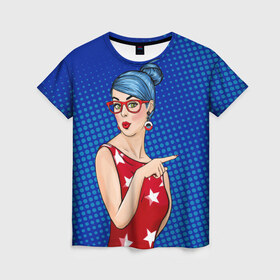 Женская футболка 3D с принтом Pop Art Girl в Петрозаводске, 100% полиэфир ( синтетическое хлопкоподобное полотно) | прямой крой, круглый вырез горловины, длина до линии бедер | retro | арт | винтаж | девушка | искусство | поп | ретро