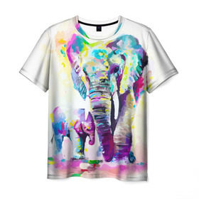 Мужская футболка 3D с принтом Слоны в Петрозаводске, 100% полиэфир | прямой крой, круглый вырез горловины, длина до линии бедер | animal | art | bright | child | color | elephants | family | mother | rainbow | spectrum | животные | искусство | мама | радуга | ребенок | семья | слоны | спектр | цвета | яркие