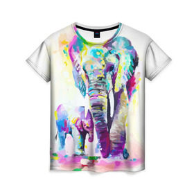 Женская футболка 3D с принтом Слоны в Петрозаводске, 100% полиэфир ( синтетическое хлопкоподобное полотно) | прямой крой, круглый вырез горловины, длина до линии бедер | animal | art | bright | child | color | elephants | family | mother | rainbow | spectrum | животные | искусство | мама | радуга | ребенок | семья | слоны | спектр | цвета | яркие