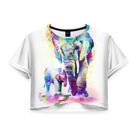 Женская футболка 3D укороченная с принтом Слоны в Петрозаводске, 100% полиэстер | круглая горловина, длина футболки до линии талии, рукава с отворотами | animal | art | bright | child | color | elephants | family | mother | rainbow | spectrum | животные | искусство | мама | радуга | ребенок | семья | слоны | спектр | цвета | яркие