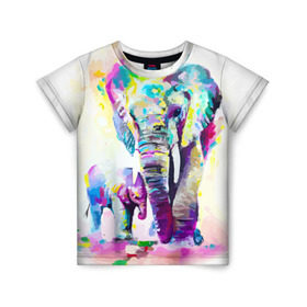 Детская футболка 3D с принтом Слоны в Петрозаводске, 100% гипоаллергенный полиэфир | прямой крой, круглый вырез горловины, длина до линии бедер, чуть спущенное плечо, ткань немного тянется | animal | art | bright | child | color | elephants | family | mother | rainbow | spectrum | животные | искусство | мама | радуга | ребенок | семья | слоны | спектр | цвета | яркие