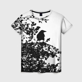 Женская футболка 3D с принтом Ворон в Петрозаводске, 100% полиэфир ( синтетическое хлопкоподобное полотно) | прямой крой, круглый вырез горловины, длина до линии бедер | ворон | ворона | галка | дерево | птица