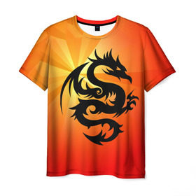 Мужская футболка 3D с принтом Дракон в Петрозаводске, 100% полиэфир | прямой крой, круглый вырез горловины, длина до линии бедер | Тематика изображения на принте: дракон | китай | крылья | огонь | ящерица