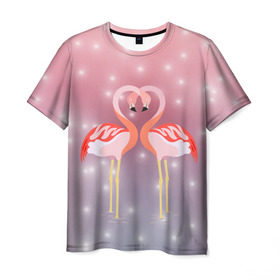 Мужская футболка 3D с принтом Влюбленные фламинго в Петрозаводске, 100% полиэфир | прямой крой, круглый вырез горловины, длина до линии бедер | 14 февраля | день всех влюбленных | любовь | птицы | фламинго