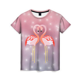 Женская футболка 3D с принтом Влюбленные фламинго в Петрозаводске, 100% полиэфир ( синтетическое хлопкоподобное полотно) | прямой крой, круглый вырез горловины, длина до линии бедер | 14 февраля | день всех влюбленных | любовь | птицы | фламинго
