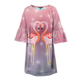 Детское платье 3D с принтом Влюбленные фламинго в Петрозаводске, 100% полиэстер | прямой силуэт, чуть расширенный к низу. Круглая горловина, на рукавах — воланы | 14 февраля | день всех влюбленных | любовь | птицы | фламинго