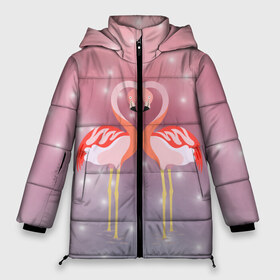 Женская зимняя куртка 3D с принтом Влюбленные фламинго в Петрозаводске, верх — 100% полиэстер; подкладка — 100% полиэстер; утеплитель — 100% полиэстер | длина ниже бедра, силуэт Оверсайз. Есть воротник-стойка, отстегивающийся капюшон и ветрозащитная планка. 

Боковые карманы с листочкой на кнопках и внутренний карман на молнии | 14 февраля | день всех влюбленных | любовь | птицы | фламинго