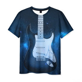 Мужская футболка 3D с принтом Космическая гитара в Петрозаводске, 100% полиэфир | прямой крой, круглый вырез горловины, длина до линии бедер | fender | stratocaster | вселенная | галактика | гитра | космос | музыка | рок | рокнрол | стратокастер | туманность | фендер | электро | электрогитара