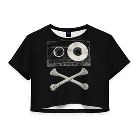 Женская футболка 3D укороченная с принтом Pirate Music в Петрозаводске, 100% полиэстер | круглая горловина, длина футболки до линии талии, рукава с отворотами | 80s | 90s | bone | dance | disco | music | pirate | retro | skelet | skull | tape | диско | кассета | кости | музыка | пират | ретро | скелет | череп