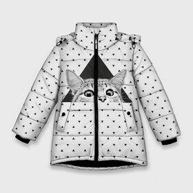 Зимняя куртка для девочек 3D с принтом Взгляд кота в Петрозаводске, ткань верха — 100% полиэстер; подклад — 100% полиэстер, утеплитель — 100% полиэстер. | длина ниже бедра, удлиненная спинка, воротник стойка и отстегивающийся капюшон. Есть боковые карманы с листочкой на кнопках, утяжки по низу изделия и внутренний карман на молнии. 

Предусмотрены светоотражающий принт на спинке, радужный светоотражающий элемент на пуллере молнии и на резинке для утяжки. | Тематика изображения на принте: animal | beast | cat | feline | kitty | meow | triangle | взгляд | геометрия | животное | зверь | китти | кот | котенок | кошка | мяу | треугольник