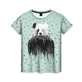 Женская футболка 3D с принтом Панда-художник в Петрозаводске, 100% полиэфир ( синтетическое хлопкоподобное полотно) | прямой крой, круглый вырез горловины, длина до линии бедер | animal | art | artist | bear | beast | design | panda | style | арт | дизайн | животное | зверь | кисть | краски | медведь | панда | стиль | художник