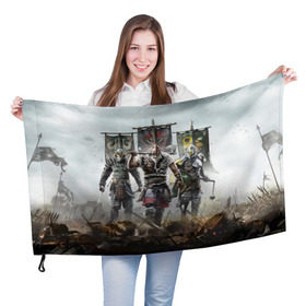 Флаг 3D с принтом For Honor в Петрозаводске, 100% полиэстер | плотность ткани — 95 г/м2, размер — 67 х 109 см. Принт наносится с одной стороны | for honor | боевые топоры | воители | доспехи | мечи | трое 3 | шлем