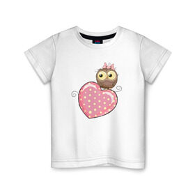 Детская футболка хлопок с принтом Совушка на сердце в Петрозаводске, 100% хлопок | круглый вырез горловины, полуприлегающий силуэт, длина до линии бедер | птицы