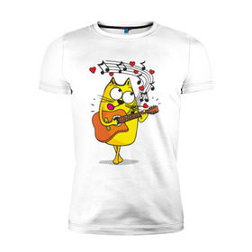 Мужская футболка премиум с принтом Кот с гитарой в Петрозаводске, 92% хлопок, 8% лайкра | приталенный силуэт, круглый вырез ворота, длина до линии бедра, короткий рукав | cat | kitten | кoтенок | киса | кот | котик | котэ | котяра | кошечка