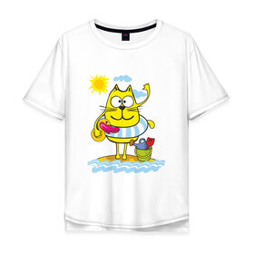 Мужская футболка хлопок Oversize с принтом Кот на пляже в Петрозаводске, 100% хлопок | свободный крой, круглый ворот, “спинка” длиннее передней части | 