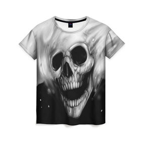Женская футболка 3D с принтом Череп в Петрозаводске, 100% полиэфир ( синтетическое хлопкоподобное полотно) | прямой крой, круглый вырез горловины, длина до линии бедер | мрак | скелет | челюсть | череп | черная