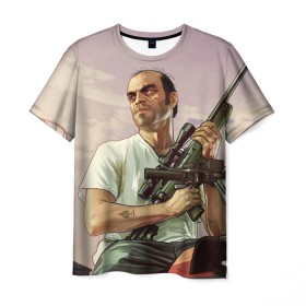 Мужская футболка 3D с принтом GTA 5 в Петрозаводске, 100% полиэфир | прямой крой, круглый вырез горловины, длина до линии бедер | gta 5 | автоматы | игры | мужчины | трое 3