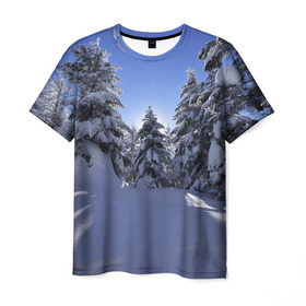 Мужская футболка 3D с принтом Зимний лес в Петрозаводске, 100% полиэфир | прямой крой, круглый вырез горловины, длина до линии бедер | времена года | ель | зима | леса | лучи света | природа | снег