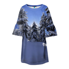 Детское платье 3D с принтом Зимний лес в Петрозаводске, 100% полиэстер | прямой силуэт, чуть расширенный к низу. Круглая горловина, на рукавах — воланы | Тематика изображения на принте: времена года | ель | зима | леса | лучи света | природа | снег