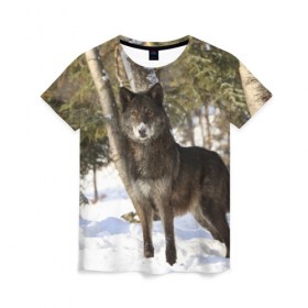 Женская футболка 3D с принтом Король леса в Петрозаводске, 100% полиэфир ( синтетическое хлопкоподобное полотно) | прямой крой, круглый вырез горловины, длина до линии бедер | волки | животные | зима | зимние | картинки | снег | фото