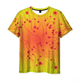 Мужская футболка 3D с принтом Нано Технологии в Петрозаводске, 100% полиэфир | прямой крой, круглый вырез горловины, длина до линии бедер | желтый | кибер | микросхема | оранжевый