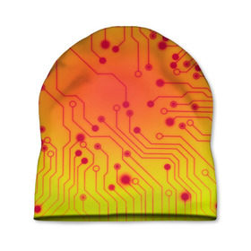 Шапка 3D с принтом Нано Технологии в Петрозаводске, 100% полиэстер | универсальный размер, печать по всей поверхности изделия | желтый | кибер | микросхема | оранжевый
