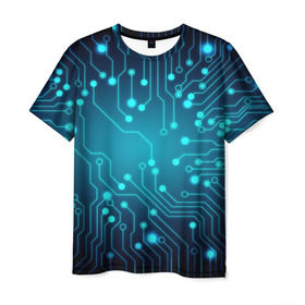 Мужская футболка 3D с принтом SkyNet в Петрозаводске, 100% полиэфир | прямой крой, круглый вырез горловины, длина до линии бедер | бирюзовый | кибер | микросхема | яркий