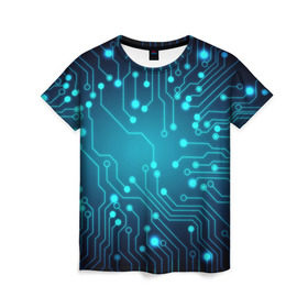Женская футболка 3D с принтом SkyNet в Петрозаводске, 100% полиэфир ( синтетическое хлопкоподобное полотно) | прямой крой, круглый вырез горловины, длина до линии бедер | бирюзовый | кибер | микросхема | яркий