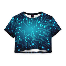 Женская футболка 3D укороченная с принтом SkyNet в Петрозаводске, 100% полиэстер | круглая горловина, длина футболки до линии талии, рукава с отворотами | бирюзовый | кибер | микросхема | яркий