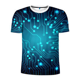 Мужская футболка 3D спортивная с принтом SkyNet в Петрозаводске, 100% полиэстер с улучшенными характеристиками | приталенный силуэт, круглая горловина, широкие плечи, сужается к линии бедра | бирюзовый | кибер | микросхема | яркий