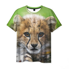 Мужская футболка 3D с принтом Котёнок гепарда в Петрозаводске, 100% полиэфир | прямой крой, круглый вырез горловины, длина до линии бедер | гепард | дикая кошка | котёнок | кошка | лев | природа | тигр | хищник | ягуар