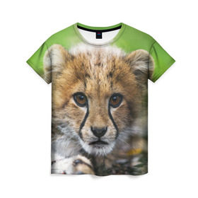 Женская футболка 3D с принтом Котёнок гепарда в Петрозаводске, 100% полиэфир ( синтетическое хлопкоподобное полотно) | прямой крой, круглый вырез горловины, длина до линии бедер | гепард | дикая кошка | котёнок | кошка | лев | природа | тигр | хищник | ягуар