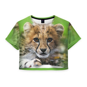 Женская футболка 3D укороченная с принтом Котёнок гепарда в Петрозаводске, 100% полиэстер | круглая горловина, длина футболки до линии талии, рукава с отворотами | гепард | дикая кошка | котёнок | кошка | лев | природа | тигр | хищник | ягуар
