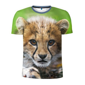 Мужская футболка 3D спортивная с принтом Котёнок гепарда в Петрозаводске, 100% полиэстер с улучшенными характеристиками | приталенный силуэт, круглая горловина, широкие плечи, сужается к линии бедра | Тематика изображения на принте: гепард | дикая кошка | котёнок | кошка | лев | природа | тигр | хищник | ягуар