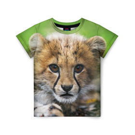 Детская футболка 3D с принтом Котёнок гепарда в Петрозаводске, 100% гипоаллергенный полиэфир | прямой крой, круглый вырез горловины, длина до линии бедер, чуть спущенное плечо, ткань немного тянется | гепард | дикая кошка | котёнок | кошка | лев | природа | тигр | хищник | ягуар