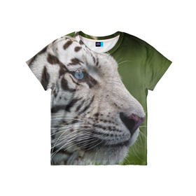 Детская футболка 3D с принтом Белый тигр в Петрозаводске, 100% гипоаллергенный полиэфир | прямой крой, круглый вырез горловины, длина до линии бедер, чуть спущенное плечо, ткань немного тянется | Тематика изображения на принте: абессинкая | домашние | животные | кот | котенок | кошка | порода | сиамская | тигр | хищник