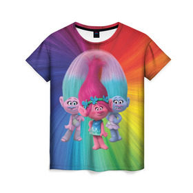 Женская футболка 3D с принтом Тролли в Петрозаводске, 100% полиэфир ( синтетическое хлопкоподобное полотно) | прямой крой, круглый вырез горловины, длина до линии бедер | princess poppy | troll poppy | troll satin and chenille | trolls | розочка | сатинка и синелька | тролли | цветан