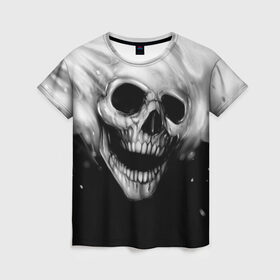 Женская футболка 3D с принтом Череп в Петрозаводске, 100% полиэфир ( синтетическое хлопкоподобное полотно) | прямой крой, круглый вырез горловины, длина до линии бедер | black and white | fire | skull | монстр | огонь | привидение | череп | чёрно белый