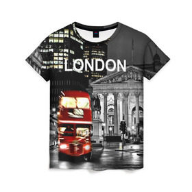 Женская футболка 3D с принтом Улицы Лондона в Петрозаводске, 100% полиэфир ( синтетическое хлопкоподобное полотно) | прямой крой, круглый вырез горловины, длина до линии бедер | bus | city | england | evening | lights | london | night | street | two storey | united kingdom | автобус | англия | великобритания | вечер | город | двухэтажный | лондон | ночь | огни | улица