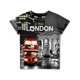 Детская футболка 3D с принтом Улицы Лондона в Петрозаводске, 100% гипоаллергенный полиэфир | прямой крой, круглый вырез горловины, длина до линии бедер, чуть спущенное плечо, ткань немного тянется | bus | city | england | evening | lights | london | night | street | two storey | united kingdom | автобус | англия | великобритания | вечер | город | двухэтажный | лондон | ночь | огни | улица