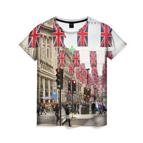 Женская футболка 3D с принтом Улицы Лондона в Петрозаводске, 100% полиэфир ( синтетическое хлопкоподобное полотно) | прямой крой, круглый вырез горловины, длина до линии бедер | city | england | flags | london | moving | pedestrians | people | street | traffic lights | united kingdom | англия | великобритания | город | лондон | люди | переход | пешеходы | светофоры | улица | флаги